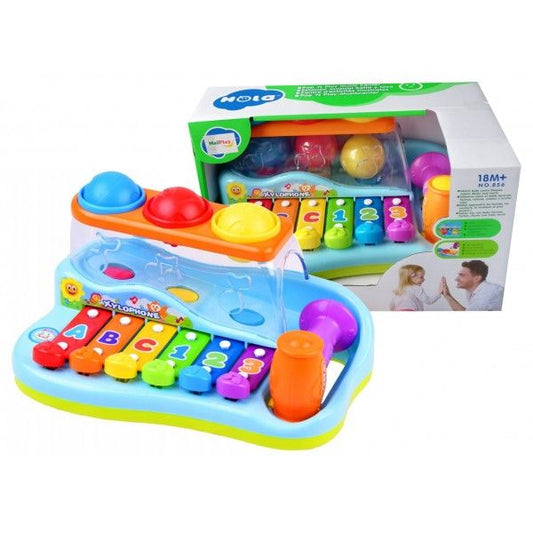 Jucarie interactiva Xilofon idealSTORE High Tunes, Accesorizat cu 6 clape decorate si multicolore, 3 mingiute colorate, Ciocanel de plastic, Multicolor