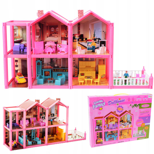 Casuta de papusi cu mobilier IDL Pink VILLA OF DREAMS cu 136 accesorii inedite, ideala pentru papusi de 36 cm inaltime, set cu 6 incaperi echipate cu accesoriile aferente, Dimensiune 69 x 36 x 16 cm, Culoare Roz