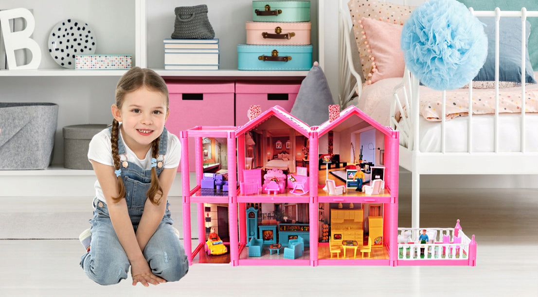 Casuta de papusi cu mobilier IDL Pink VILLA OF DREAMS cu 136 accesorii inedite, ideala pentru papusi de 36 cm inaltime, set cu 6 incaperi echipate cu accesoriile aferente, Dimensiune 69 x 36 x 16 cm, Culoare Roz