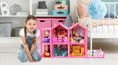 Casuta de papusi cu mobilier IDL Pink VILLA OF DREAMS cu 136 accesorii inedite, ideala pentru papusi de 36 cm inaltime, set cu 6 incaperi echipate cu accesoriile aferente, Dimensiune 69 x 36 x 16 cm, Culoare Roz