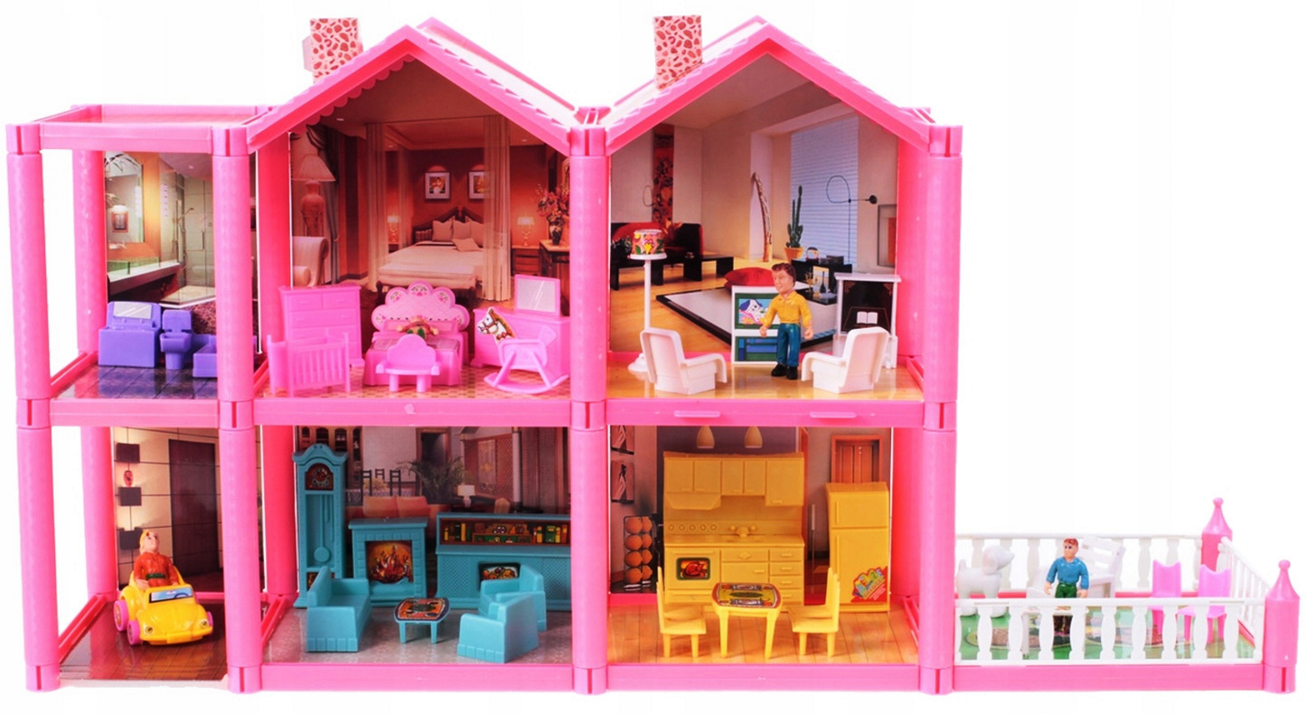 Casuta de papusi cu mobilier IDL Pink VILLA OF DREAMS cu 136 accesorii inedite, ideala pentru papusi de 36 cm inaltime, set cu 6 incaperi echipate cu accesoriile aferente, Dimensiune 69 x 36 x 16 cm, Culoare Roz