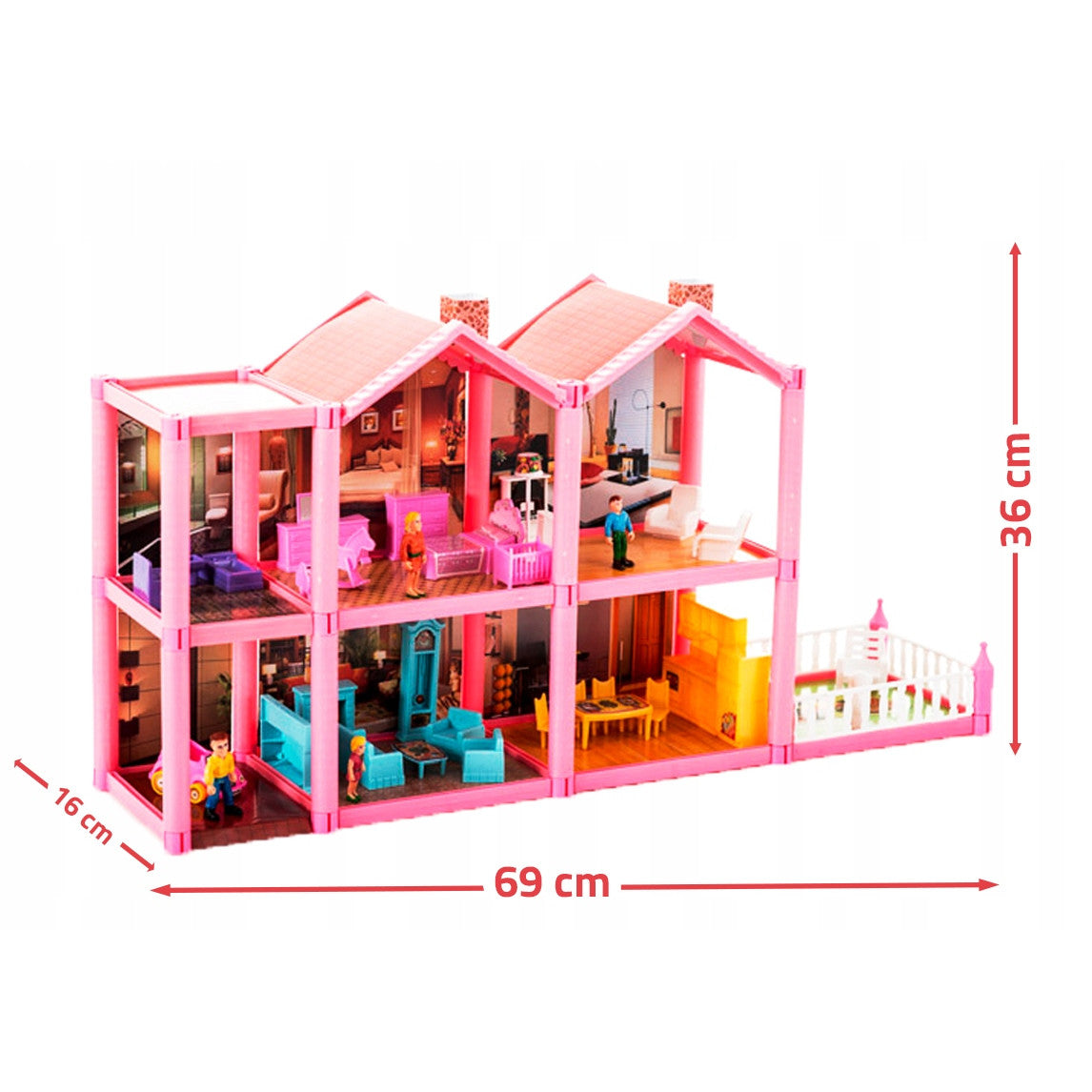 Casuta de papusi cu mobilier IDL Pink VILLA OF DREAMS cu 136 accesorii inedite, ideala pentru papusi de 36 cm inaltime, set cu 6 incaperi echipate cu accesoriile aferente, Dimensiune 69 x 36 x 16 cm, Culoare Roz