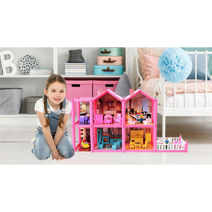 Casuta de papusi cu mobilier IDL Pink VILLA OF DREAMS cu 136 accesorii inedite, ideala pentru papusi de 36 cm inaltime, set cu 6 incaperi echipate cu accesoriile aferente, Dimensiune 69 x 36 x 16 cm, Culoare Roz