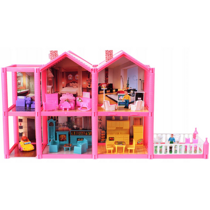 Casuta de papusi cu mobilier IDL Pink VILLA OF DREAMS cu 136 accesorii inedite, ideala pentru papusi de 36 cm inaltime, set cu 6 incaperi echipate cu accesoriile aferente, Dimensiune 69 x 36 x 16 cm, Culoare Roz