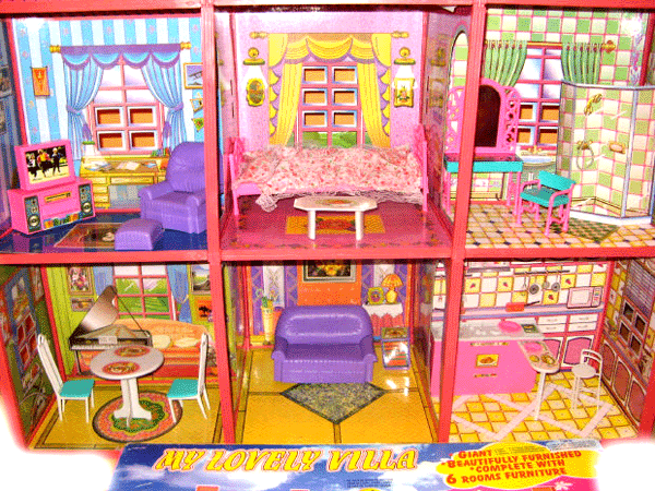 Casuta de papusi cu mobilier IDL Great Pink Love cu 186 accesorii inedite, ideala pentru papusi de 29cm inaltime, set cu 6 camere echipate cu accesoriile aferente, Dimensiune 108cmx95cmx38cm, Culoare Roz