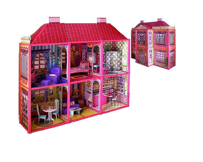 Casuta de papusi cu mobilier IDL Great Pink Love cu 186 accesorii inedite, ideala pentru papusi de 29cm inaltime, set cu 6 camere echipate cu accesoriile aferente, Dimensiune 108cmx95cmx38cm, Culoare Roz