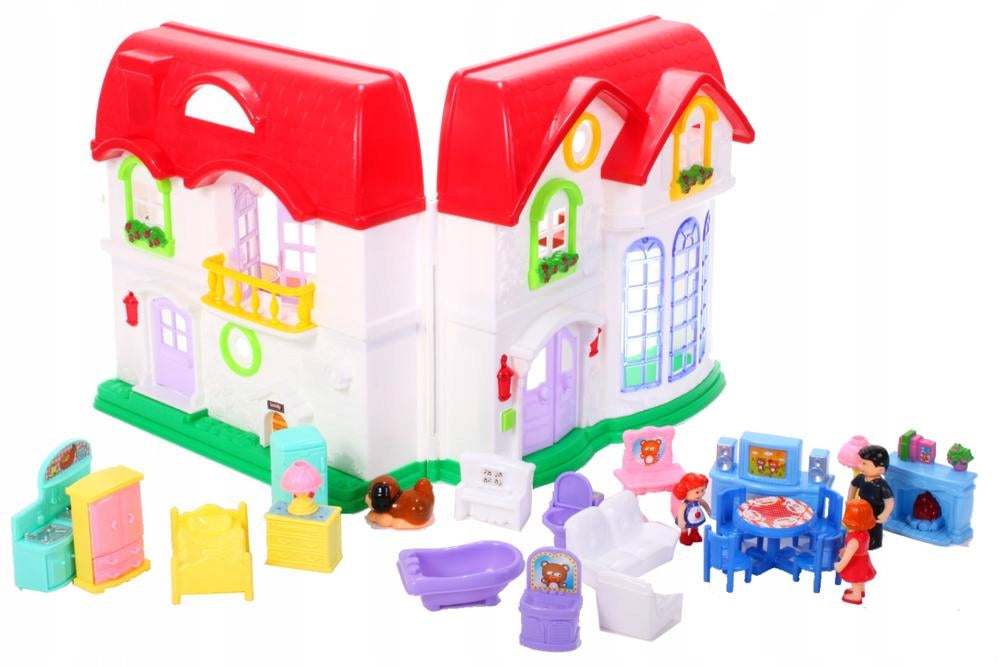 Casuta de papusi pliabila cu sonerie idealSTORE Sweet Family, Doua etaje, Accesorizata cu diferite piese de mobilier, figurine lumini si sunete