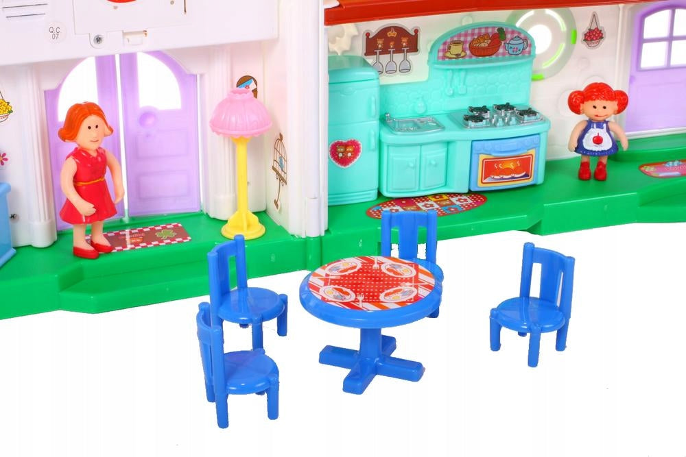 Casuta de papusi pliabila cu sonerie idealSTORE Sweet Family, Doua etaje, Accesorizata cu diferite piese de mobilier, figurine lumini si sunete