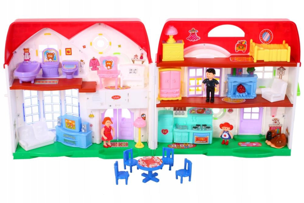 Casuta de papusi pliabila cu sonerie idealSTORE Sweet Family, Doua etaje, Accesorizata cu diferite piese de mobilier, figurine lumini si sunete