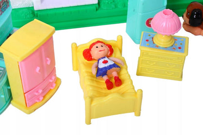 Casuta de papusi pliabila cu sonerie idealSTORE Sweet Family, Doua etaje, Accesorizata cu diferite piese de mobilier, figurine lumini si sunete