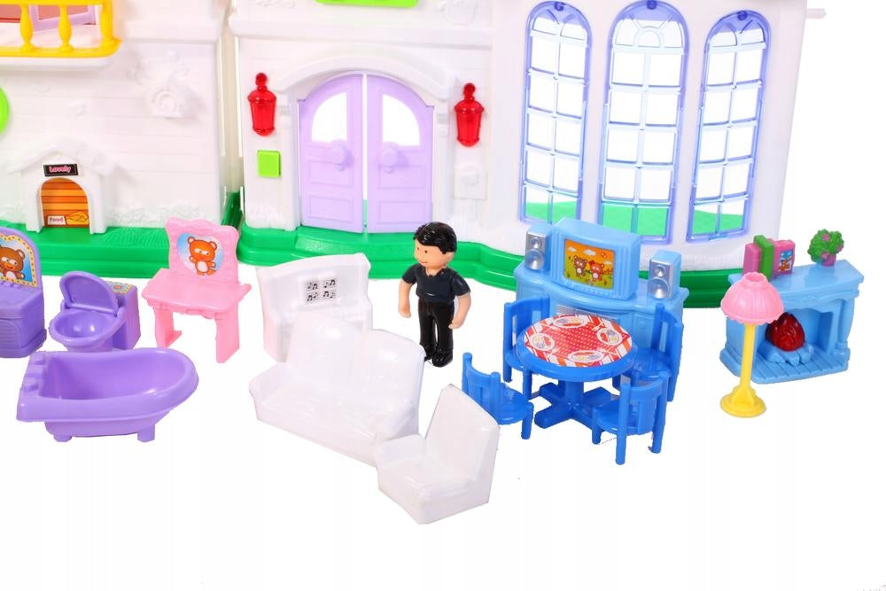 Casuta de papusi pliabila cu sonerie idealSTORE Sweet Family, Doua etaje, Accesorizata cu diferite piese de mobilier, figurine lumini si sunete