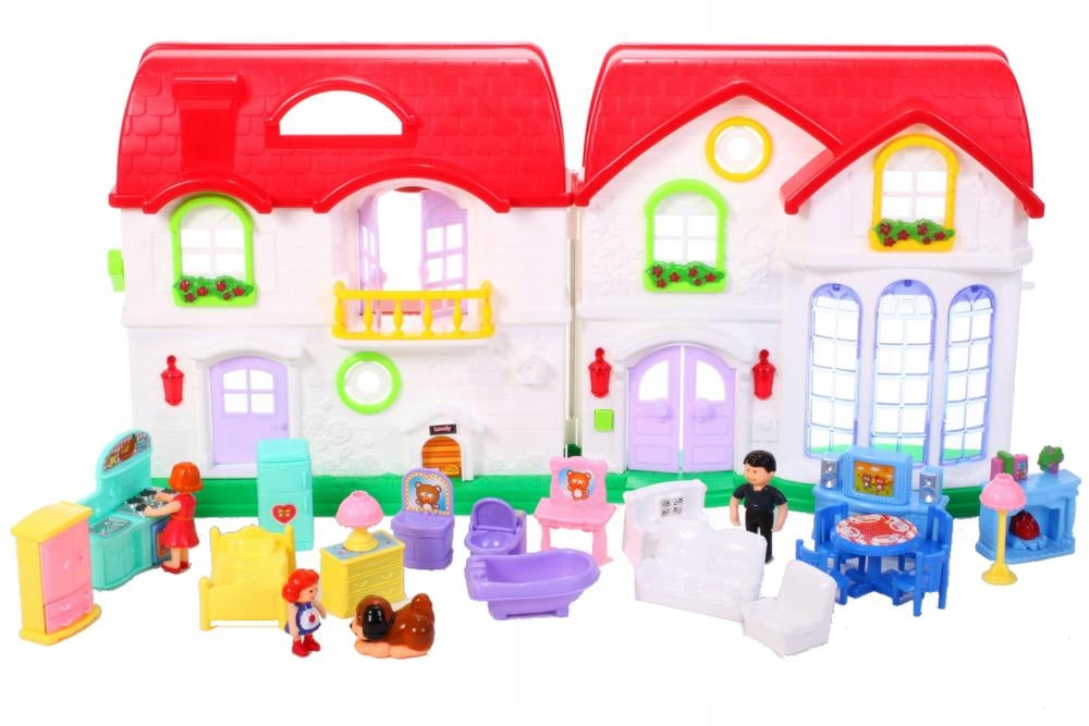 Casuta de papusi pliabila cu sonerie idealSTORE Sweet Family, Doua etaje, Accesorizata cu diferite piese de mobilier, figurine lumini si sunete