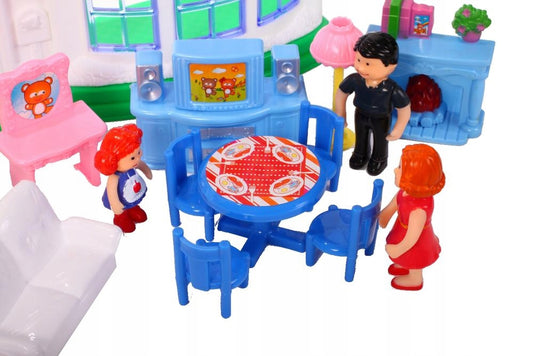 Casuta de papusi pliabila cu sonerie idealSTORE Sweet Family, Doua etaje, Accesorizata cu diferite piese de mobilier, figurine lumini si sunete