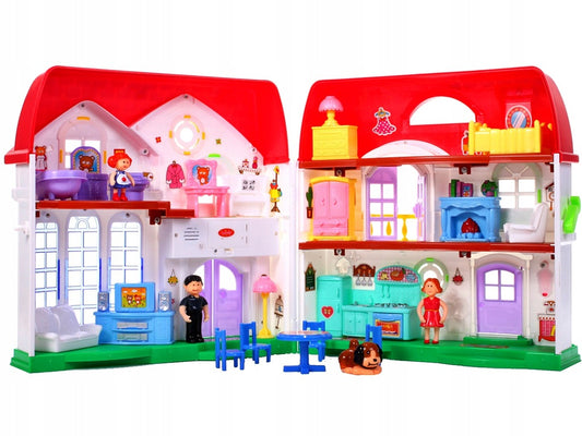 Casuta de papusi pliabila cu sonerie idealSTORE Sweet Family, Doua etaje, Accesorizata cu diferite piese de mobilier, figurine lumini si sunete
