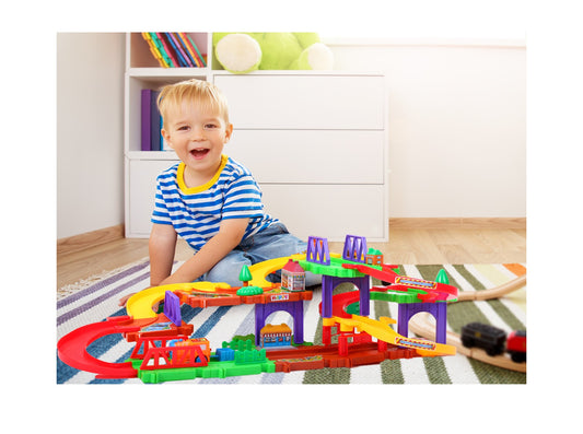 Set de Joaca Tip Puzzle, HAPPY Maggic Route, Accesorizat cu elemente Specifice, Ajuta la dezvoltarea imaginatiei, abilitatilor de gandire logica si a coordonarii copiilor, Realizat din materiale durabile, Verde-Mov