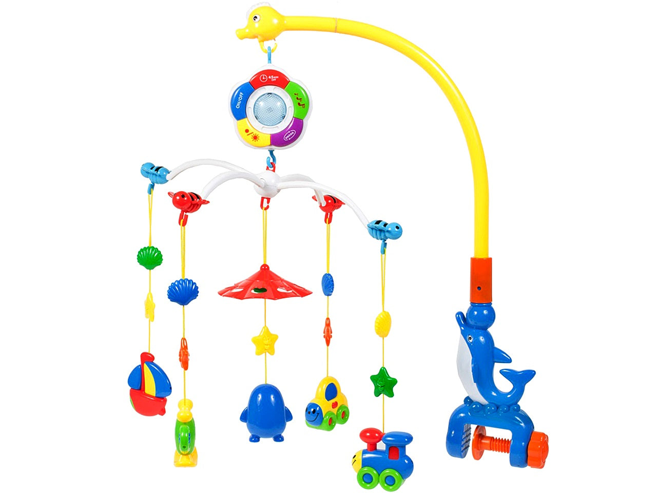Carusel pentru patut cu lumina de veghe MagStar, pentru copiii 3+ luni, melodii , 4 brate cu diferite jucarii, sistem prinde tip clema