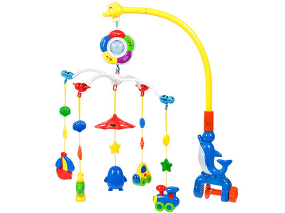 Carusel pentru patut cu lumina de veghe MagStar, pentru copiii 3+ luni, melodii , 4 brate cu diferite jucarii, sistem prinde tip clema