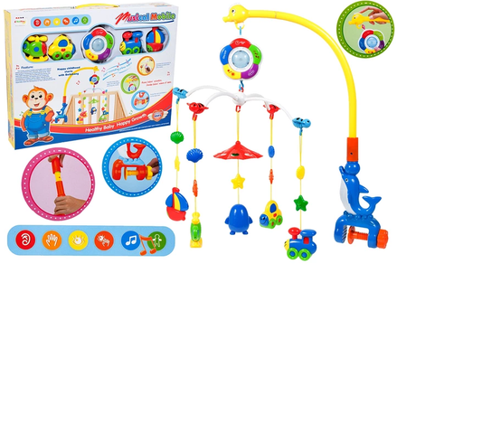 Carusel pentru patut cu lumina de veghe MagStar, pentru copiii 3+ luni, melodii , 4 brate cu diferite jucarii, sistem prinde tip clema