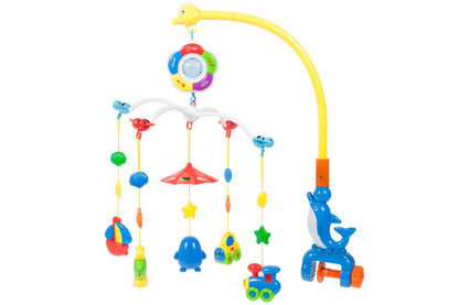 Carusel pentru patut cu lumina de veghe MagStar, pentru copiii 3+ luni, melodii , 4 brate cu diferite jucarii, sistem prinde tip clema