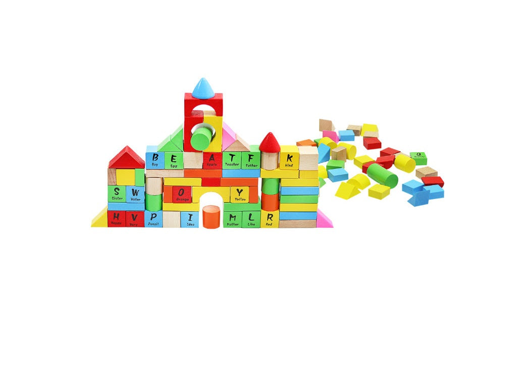 Puzzle Interactiv IDL Cube Words cu Diverse Forme, 100 Cuburi de diverse forme si culori, Ajuta la dezvoltarea creativitatii si coordonarii Mana-Ochi pentru copii, Material : Lemn, Culoare : Multicolor