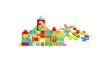 Puzzle Interactiv IDL Cube Words cu Diverse Forme, 100 Cuburi de diverse forme si culori, Ajuta la dezvoltarea creativitatii si coordonarii Mana-Ochi pentru copii, Material : Lemn, Culoare : Multicolor