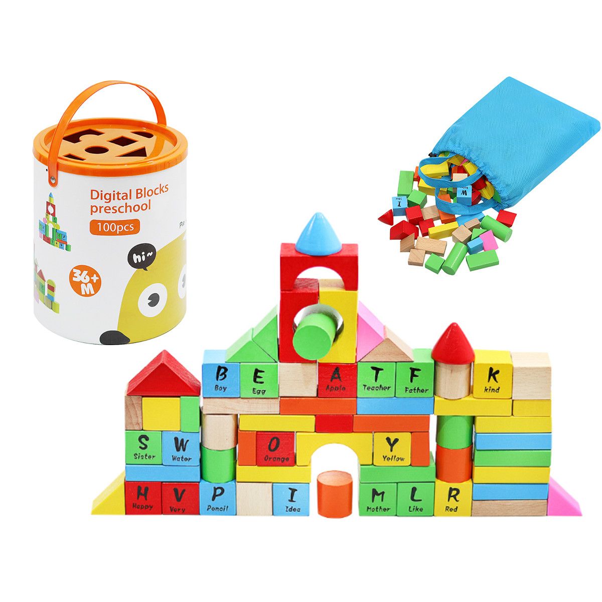 Puzzle Interactiv IDL Cube Words cu Diverse Forme, 100 Cuburi de diverse forme si culori, Ajuta la dezvoltarea creativitatii si coordonarii Mana-Ochi pentru copii, Material : Lemn, Culoare : Multicolor