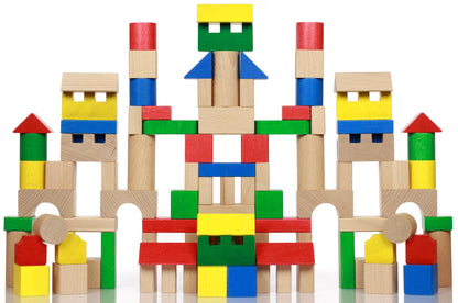 Puzzle Interactiv IDL Cube Words cu Diverse Forme, 100 Cuburi de diverse forme si culori, Ajuta la dezvoltarea creativitatii si coordonarii Mana-Ochi pentru copii, Material : Lemn, Culoare : Multicolor