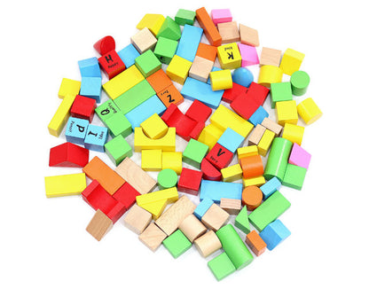 Puzzle Interactiv IDL Cube Words cu Diverse Forme, 100 Cuburi de diverse forme si culori, Ajuta la dezvoltarea creativitatii si coordonarii Mana-Ochi pentru copii, Material : Lemn, Culoare : Multicolor
