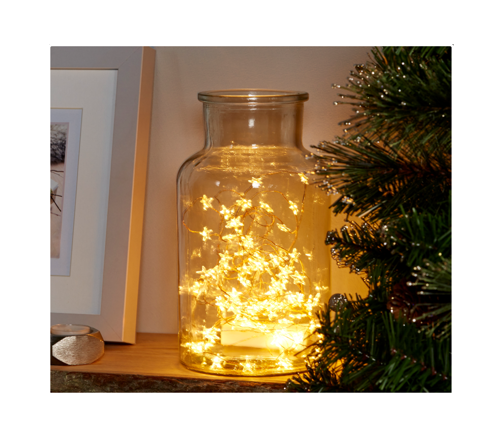 Instalatie IDL Profesionala pentru brad, 100 led-uri albe cu lumina calda prezente in contururi de stea pentru o astmosfera festiva, Fir de cupru si functionalitate pe baterii