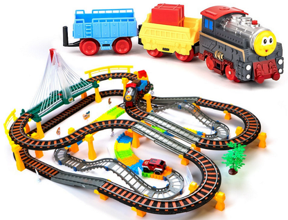 Circuit complex idealSTORE Twiming Train, Echipat cu cale ferata pe doua nivele, sosea auto, locomotiva cu vagoane, masina si multe alte accesorii, Dezvolta abilitati manuale si de coordonare