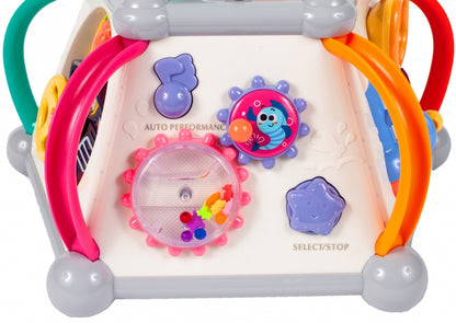 Cub Educativ LITTLE JOY BOX Dimensiuni 30 x 30 x 27 cm, Include 5 pereti cu functii diferite, Microfon, Telefon, Ciocan pentru lovire