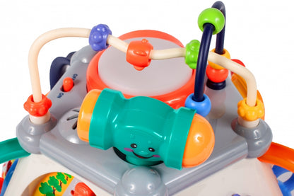 Cub Educativ LITTLE JOY BOX Dimensiuni 30 x 30 x 27 cm, Include 5 pereti cu functii diferite, Microfon, Telefon, Ciocan pentru lovire