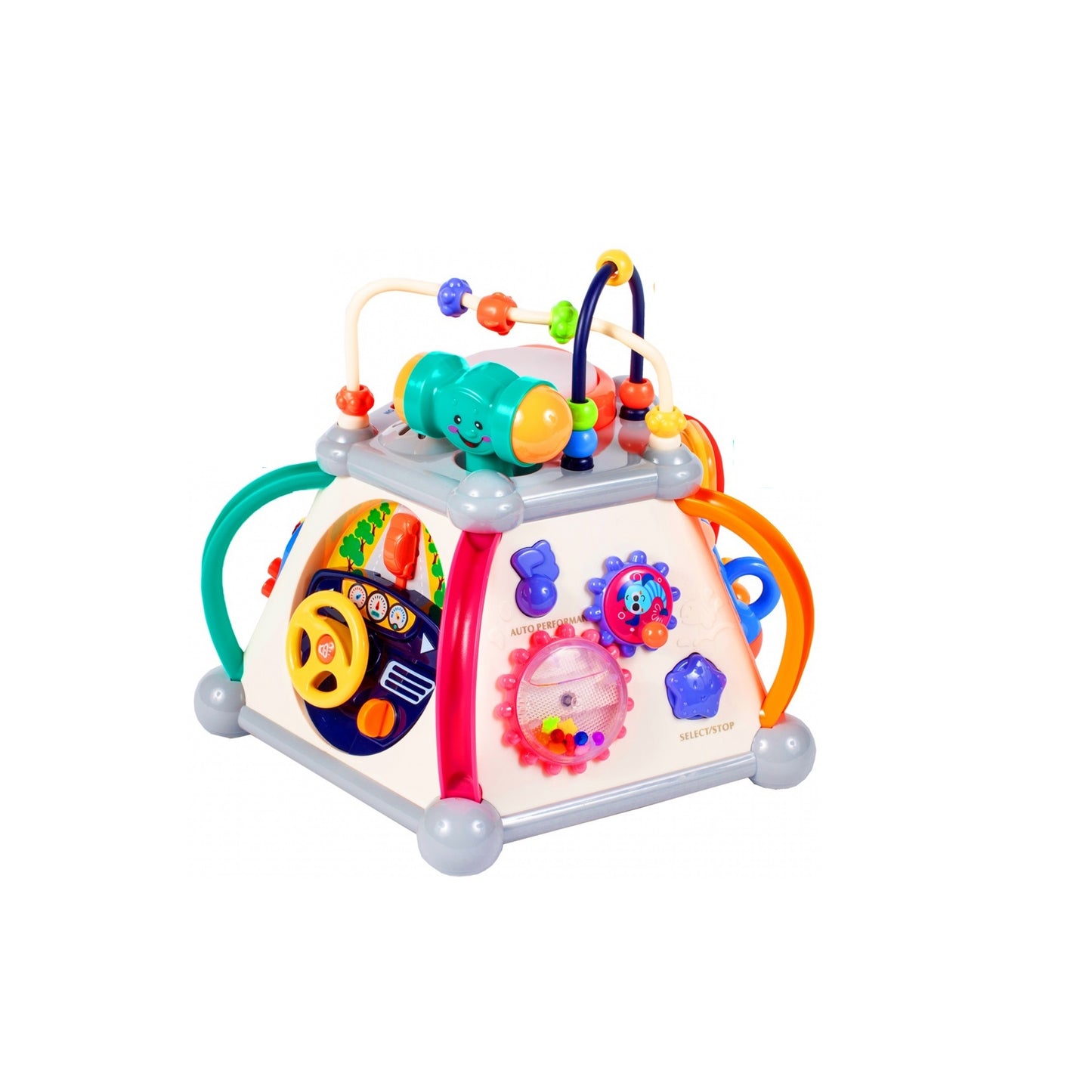 Cub Educativ LITTLE JOY BOX Dimensiuni 30 x 30 x 27 cm, Include 5 pereti cu functii diferite, Microfon, Telefon, Ciocan pentru lovire