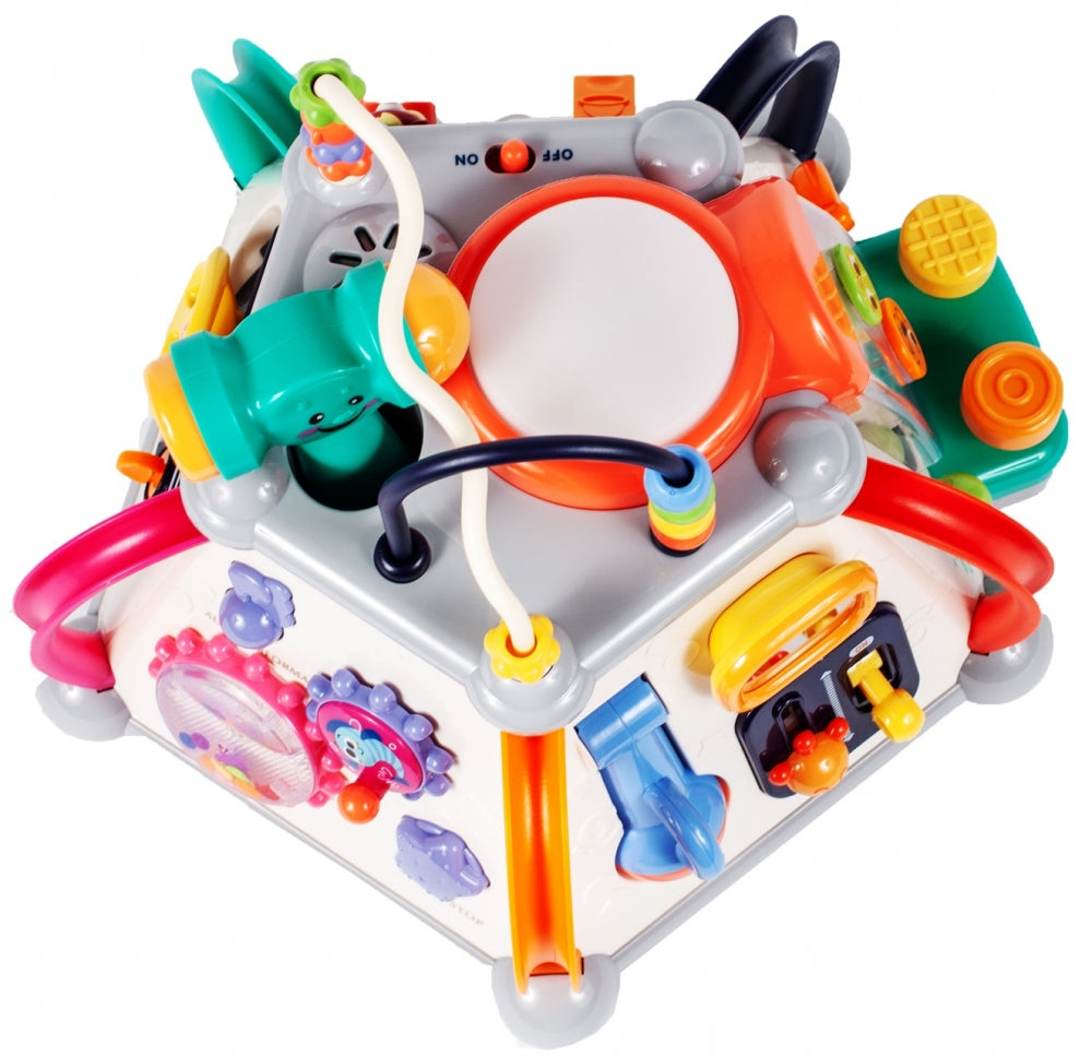 Cub Educativ LITTLE JOY BOX Dimensiuni 30 x 30 x 27 cm, Include 5 pereti cu functii diferite, Microfon, Telefon, Ciocan pentru lovire