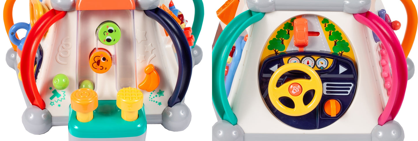 Cub Educativ LITTLE JOY BOX Dimensiuni 30 x 30 x 27 cm, Include 5 pereti cu functii diferite, Microfon, Telefon, Ciocan pentru lovire