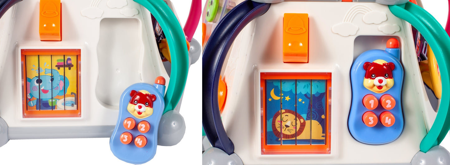 Cub Educativ LITTLE JOY BOX Dimensiuni 30 x 30 x 27 cm, Include 5 pereti cu functii diferite, Microfon, Telefon, Ciocan pentru lovire