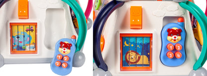 Cub Educativ LITTLE JOY BOX Dimensiuni 30 x 30 x 27 cm, Include 5 pereti cu functii diferite, Microfon, Telefon, Ciocan pentru lovire