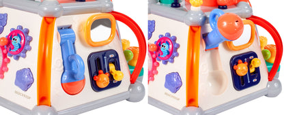 Cub Educativ LITTLE JOY BOX Dimensiuni 30 x 30 x 27 cm, Include 5 pereti cu functii diferite, Microfon, Telefon, Ciocan pentru lovire