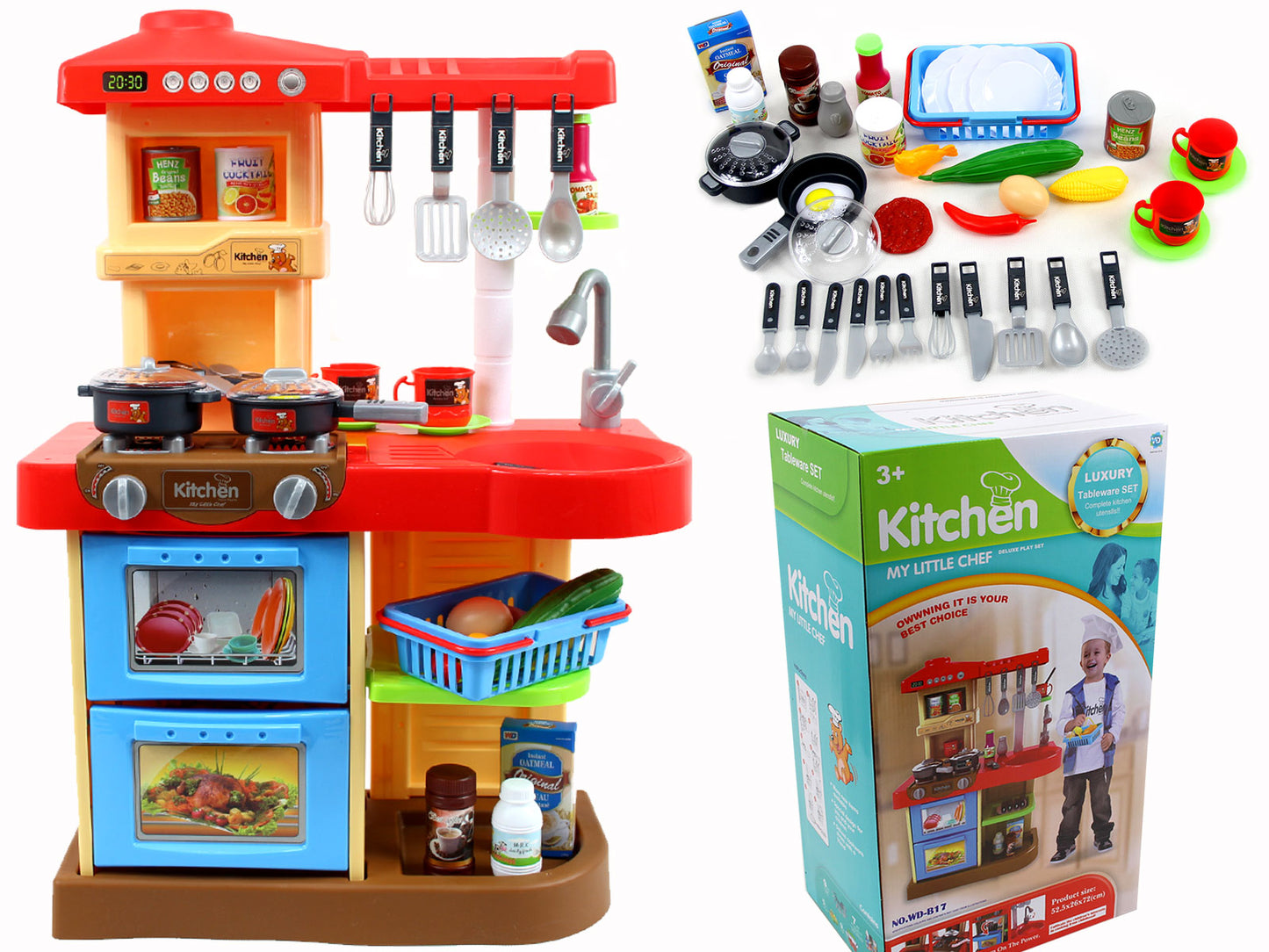 Bucatarie MULTIFUNCTIONALA Little Chef, 72 cm inaltime, Dotata cu accesorii simbolice, Cuptor pentru gatit, Masina de spalat vase, Lumini si sunete pentru dezvoltarea abilitatilor de gatire a micutilor, Multicolora
