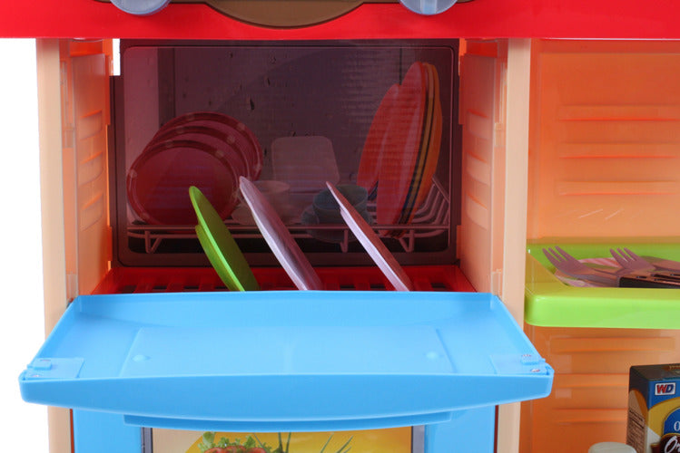 Bucatarie MULTIFUNCTIONALA Little Chef, 72 cm inaltime, Dotata cu accesorii simbolice, Cuptor pentru gatit, Masina de spalat vase, Lumini si sunete pentru dezvoltarea abilitatilor de gatire a micutilor, Multicolora