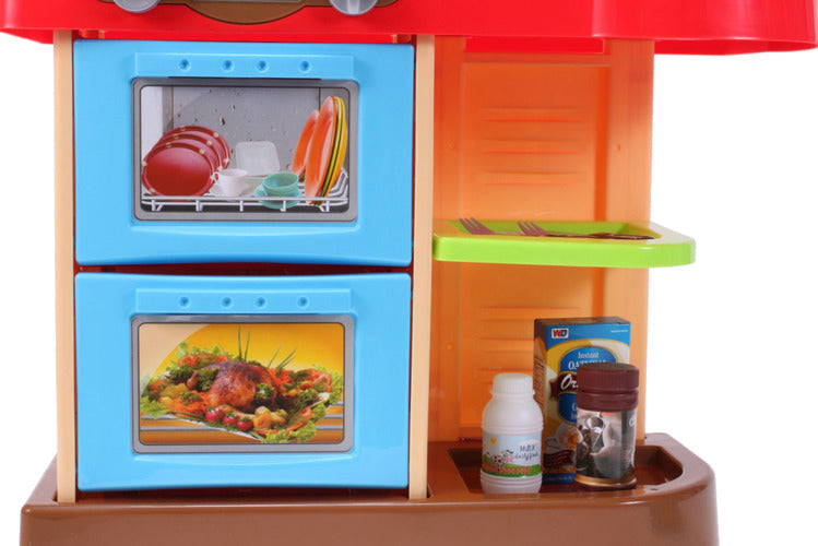 Bucatarie MULTIFUNCTIONALA Little Chef, 72 cm inaltime, Dotata cu accesorii simbolice, Cuptor pentru gatit, Masina de spalat vase, Lumini si sunete pentru dezvoltarea abilitatilor de gatire a micutilor, Multicolora