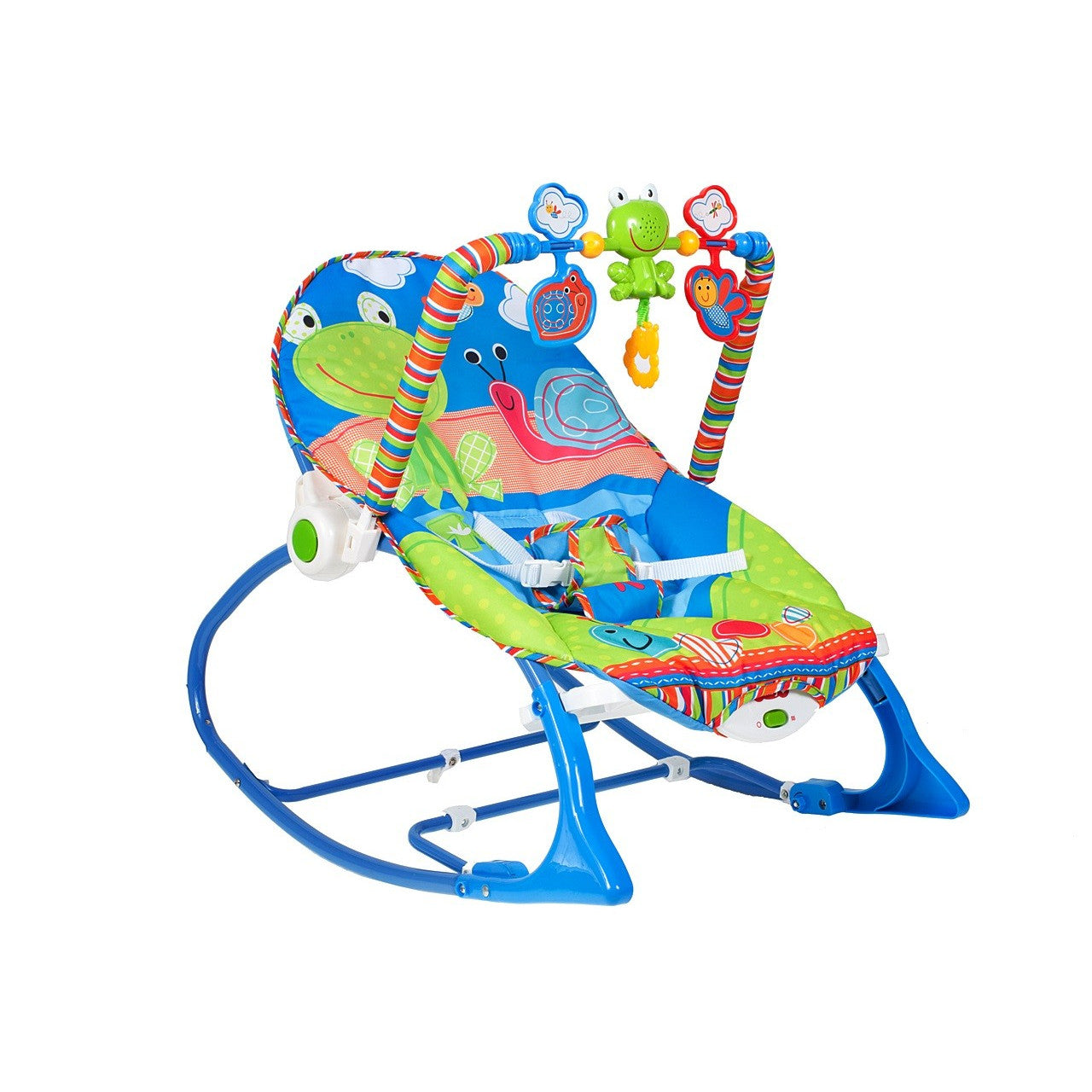 Balansoar si scaun iBaby 2 in 1 cu vibratii si sunete pentru copii, 0-18kg, Centru de activitati cu jucarii detasabile, Husa lavabila, Curea de siguranta in 3 puncte, Cadru metalic, Happy Frog