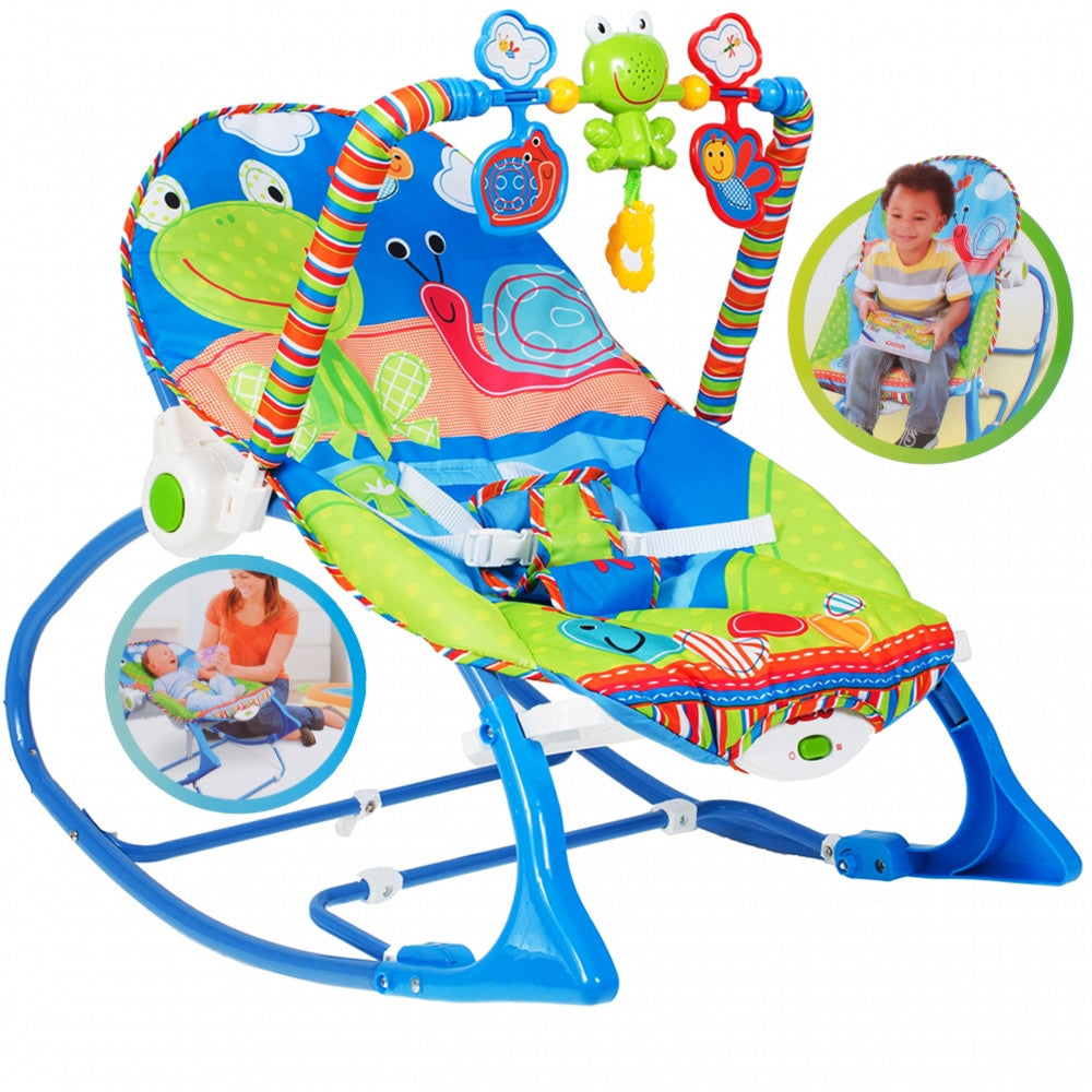 Balansoar si scaun iBaby 2 in 1 cu vibratii si sunete pentru copii, 0-18kg, Centru de activitati cu jucarii detasabile, Husa lavabila, Curea de siguranta in 3 puncte, Cadru metalic, Happy Frog