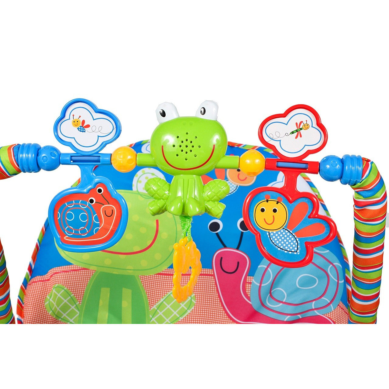 Balansoar si scaun iBaby 2 in 1 cu vibratii si sunete pentru copii, 0-18kg, Centru de activitati cu jucarii detasabile, Husa lavabila, Curea de siguranta in 3 puncte, Cadru metalic, Happy Frog