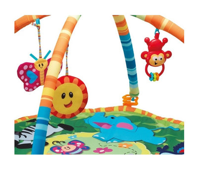 Centru de activitati Tip Covoras Interactiv 3 in 1 idealStore Baby Jungle Fantasy, Adaptat la cele mai importante 3 etape ale dezvoltarii copilului, Accesorizat cu jucarii ce pot fi atarnate la diferite inaltimi si detasabile, Dezvolta abilitati cognitive