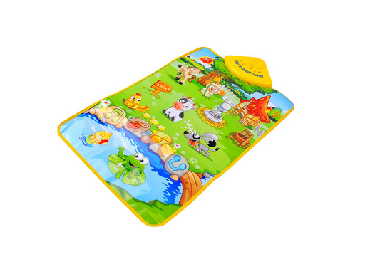 Centru de activitati tip covoras Interactiv IDL Happy Farm, 60x40 cm pentru bebelusi, Diferite melodii corelate cu sunete ale animalelor, Control al volumului, Dezvolta imaginatia, creativitatea si stimuleaza simturile