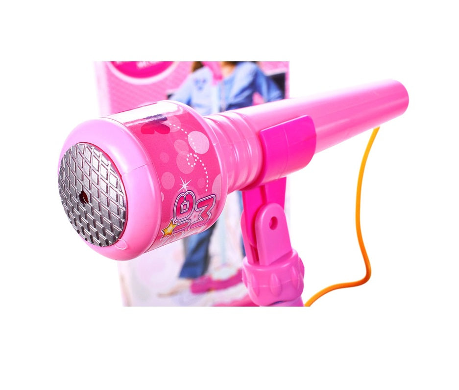 Microfon cu Stativ pentru copii idealSTORE HANNA PINK, CONECTARE MP3, Luminite, Functia Aplauze, Redarea melodiilor, Controlul volumului Creat pentru a divesifica ditractia