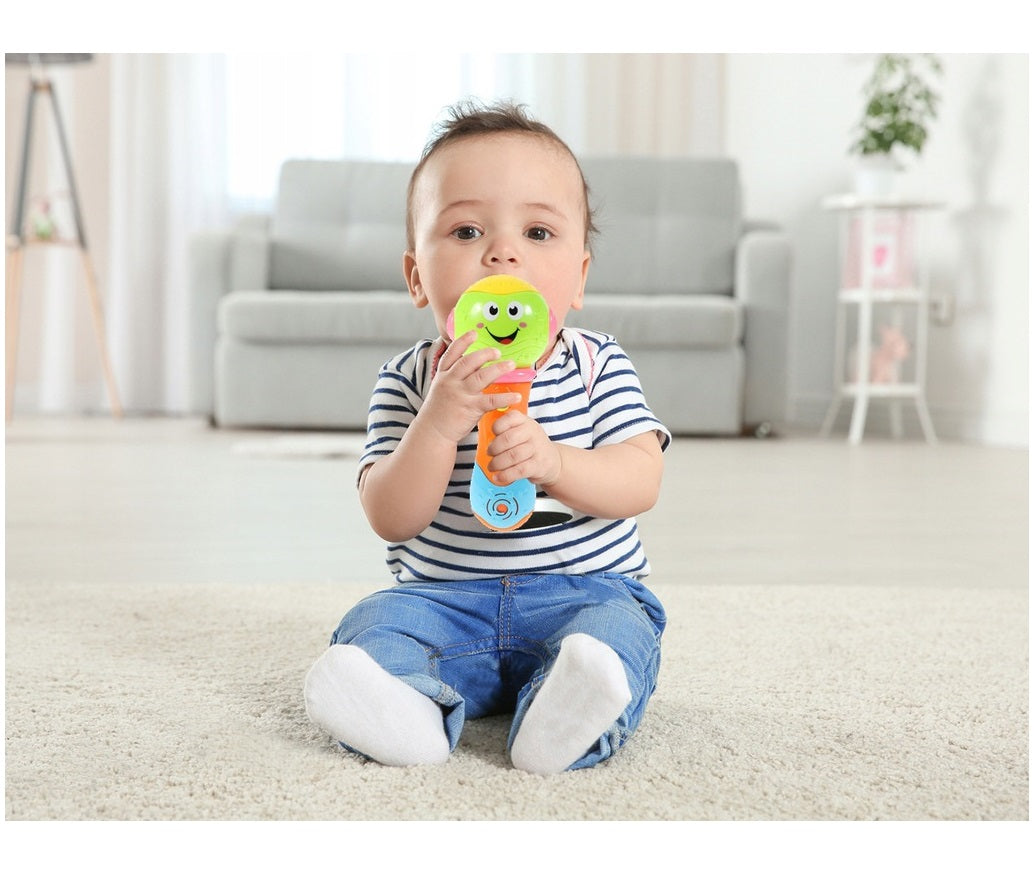 Microfon idealSTORE THE LITTLE SINGER Dimensiuni 20 x 12 x 6.5 cm, Ideal pentru micutii cantareti, Echipat cu butoane functionale ce garanteaza distractia, Culoare Verde-Portocaliu