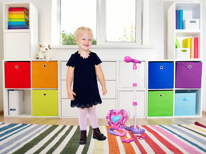 Set Karaoke idealSTORE Dazzlers Dream, Echipat cu difuzor in forma de inima, microfon detasabil, trepied cu inaltime reglabila, telecomanda stil fluture, Conexiune MP3, Stimuleaza imaginatia