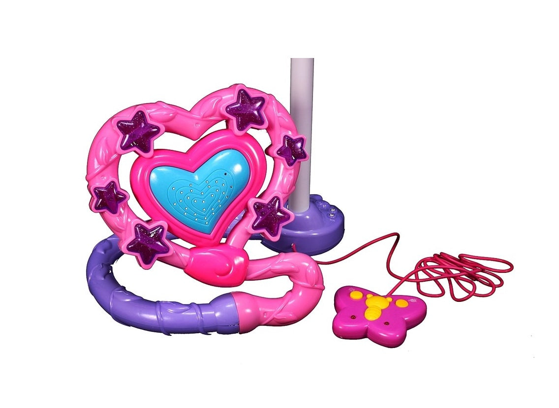 Set Karaoke idealSTORE Dazzlers Dream, Echipat cu difuzor in forma de inima, microfon detasabil, trepied cu inaltime reglabila, telecomanda stil fluture, Conexiune MP3, Stimuleaza imaginatia